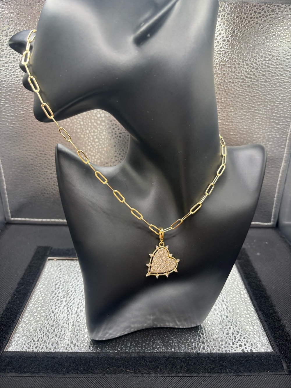 Gold Heart Pavé Pendant Necklace with Paperclip Chain - Women Jewelry